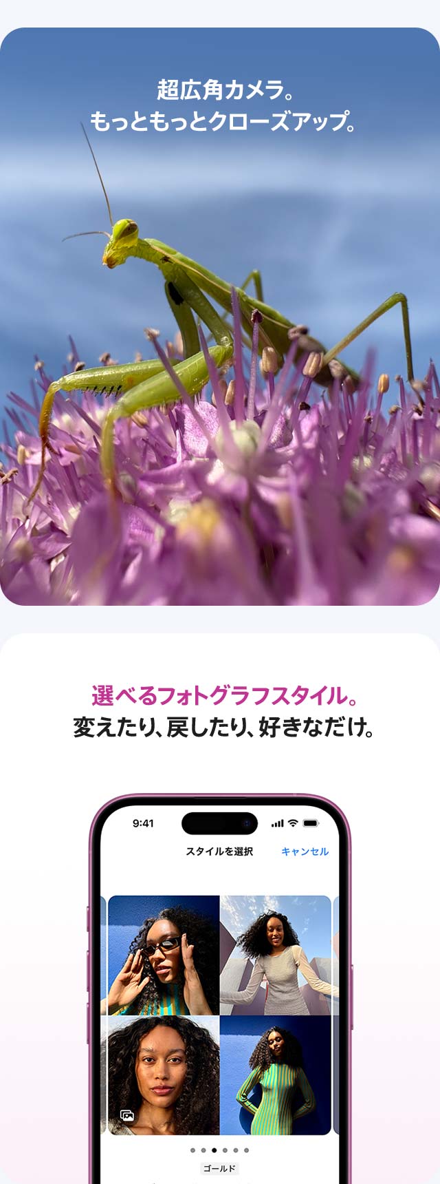 超広角カメラ。もっともっとクローズアップ。 選べるフォトグラフスタイル。 変えたり、戻したり、好きなだけ。